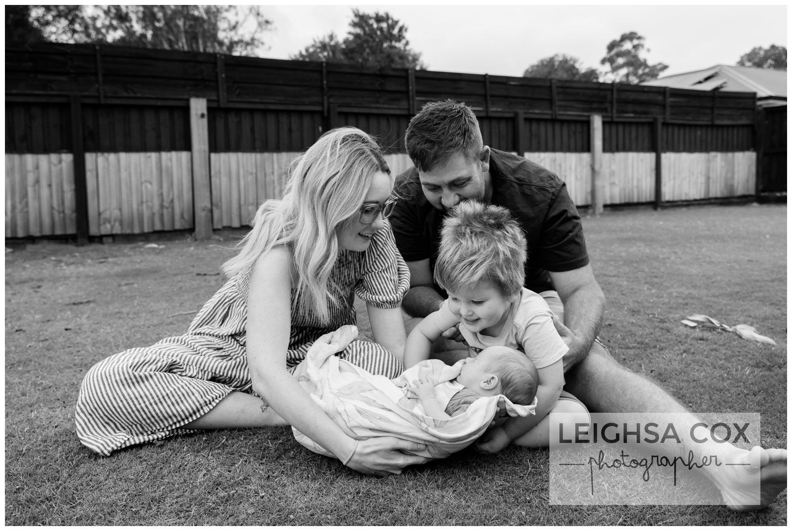 black and white Backyard Newborn family portrait