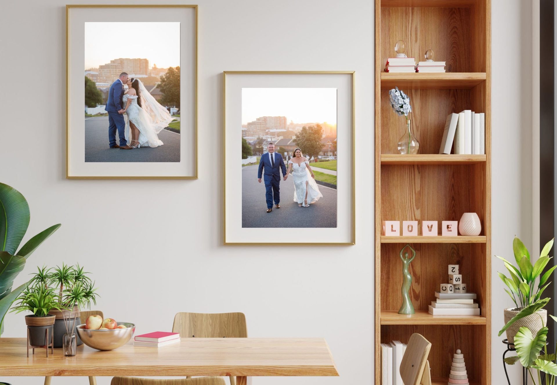 Beautiful framed print of Bride and groom holding hands. 
